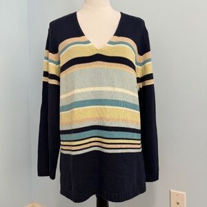 Eddie Bauer Women's Blue & Green Striped Cotton V-Neck Pullover Sweater Size L